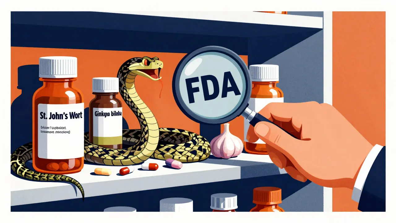 Herbal supplements turning into snakes wrapping around prescription bottles in a surreal pharmacy shelf scene.