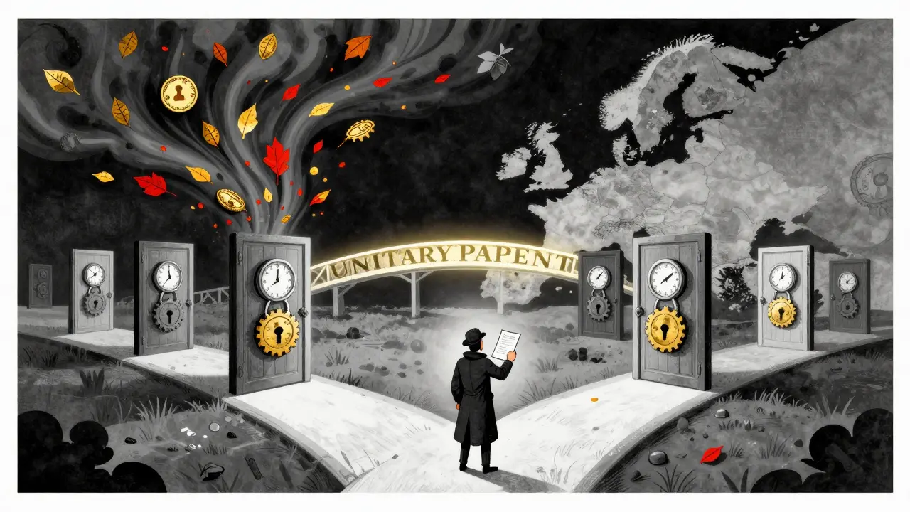 Inventor at crossroads with 20 country doors, expired patents swirling, Unitary Patent bridge ahead.