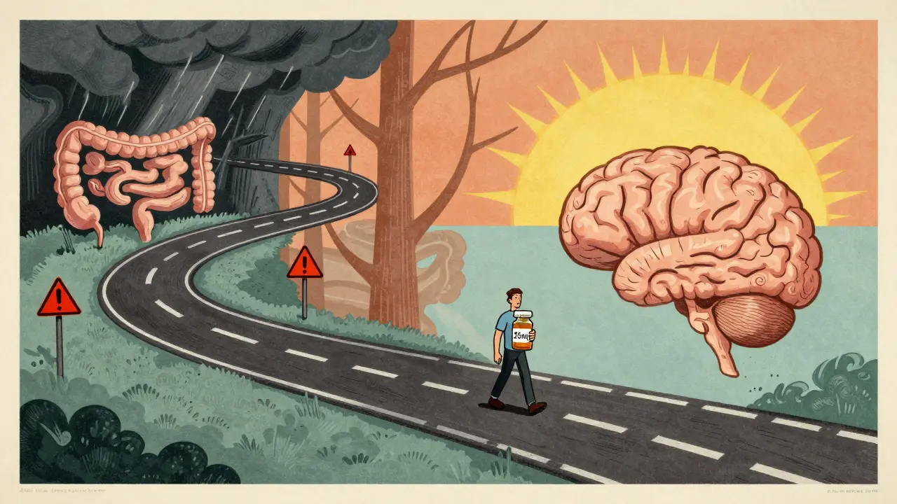Medical road split between chaotic gut and calm brain, with figure choosing low-dose path in symbolic Polish poster style.