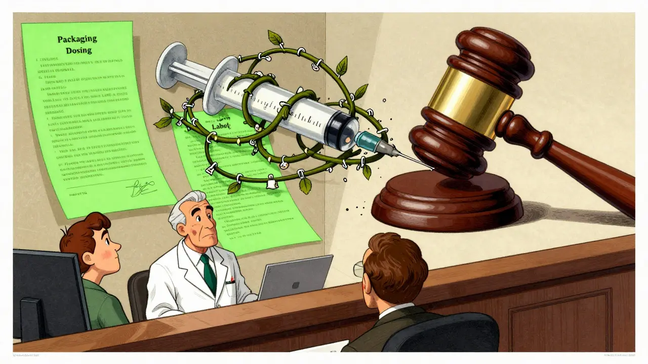 Patent thickets chain a biosimilar syringe as an FDA gavel breaks them free.