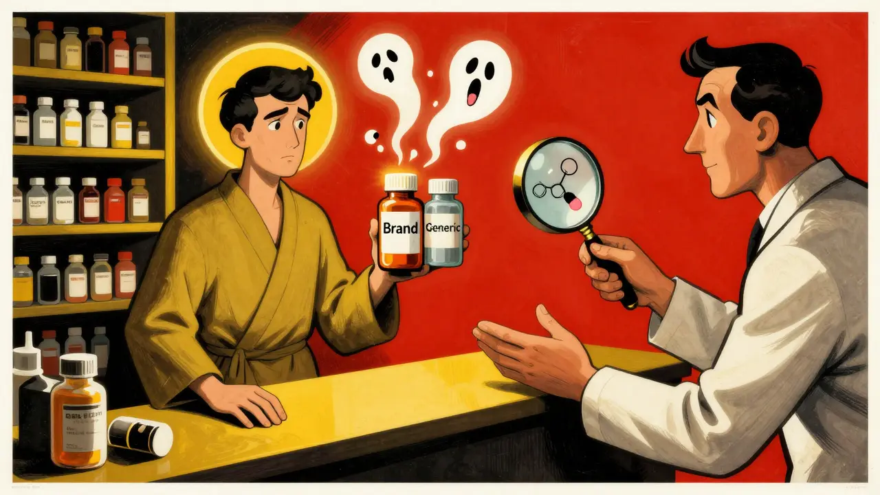 Patient at pharmacy holding two pills, one glowing and trusted, the other surrounded by floating symbols of pain and doubt, with pharmacist offering clarity.