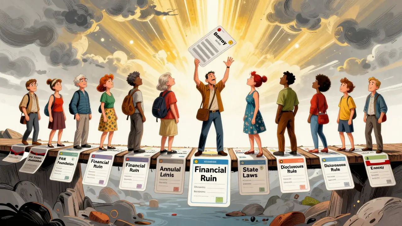 Patients crossing a bridge of copay cards over a financial chasm, reaching for lifelines.