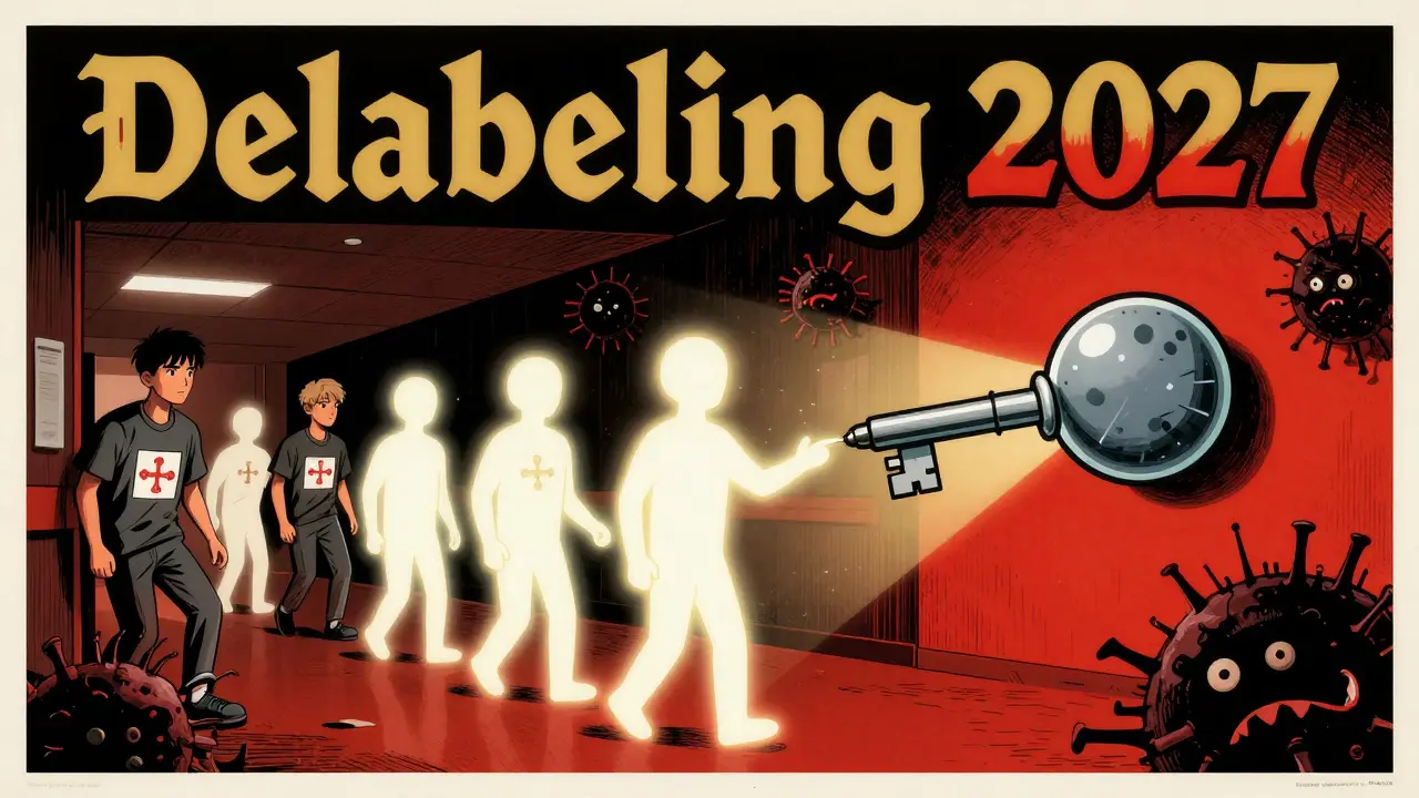 Patients shedding allergy labels as a penicillin molecule unlocks healthier outcomes, while superbugs retreat in a symbolic hospital corridor.