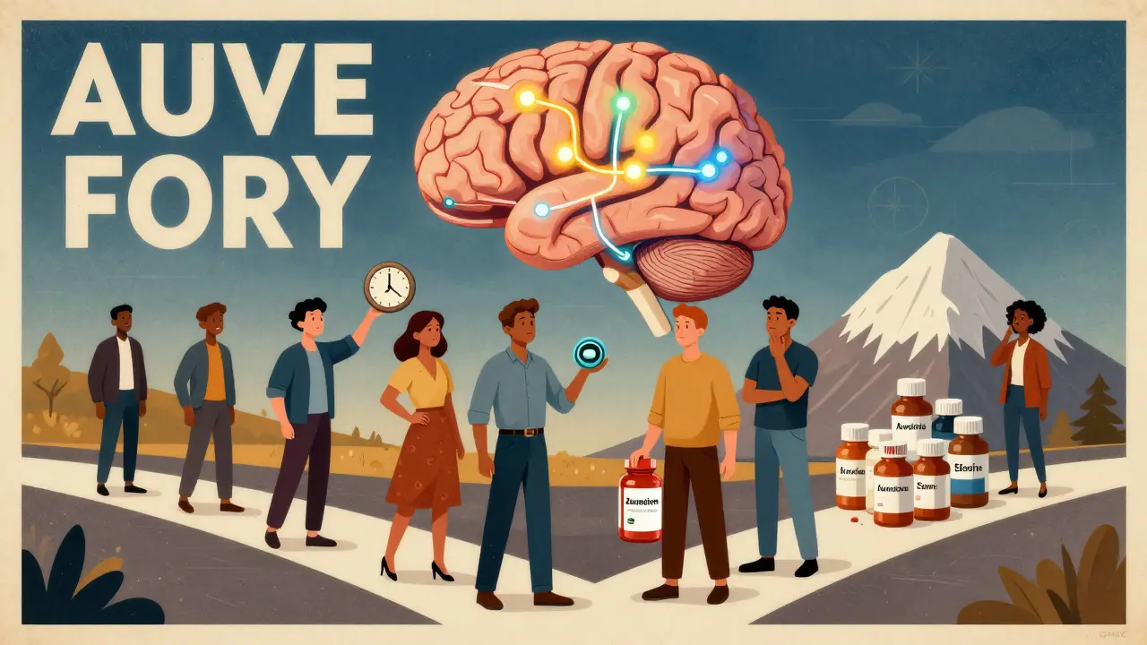 People choosing new antidepressants at a crossroads, with a glowing brain showing targeted pathways behind them, old pills piled high in the background.