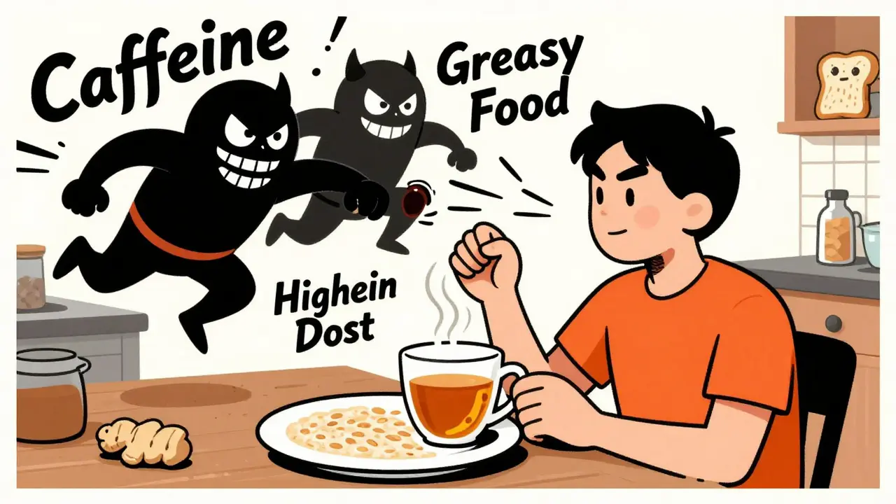 Person eating oatmeal with ginger tea while cartoon villains of caffeine and greasy food are being defeated by heroic food items.
