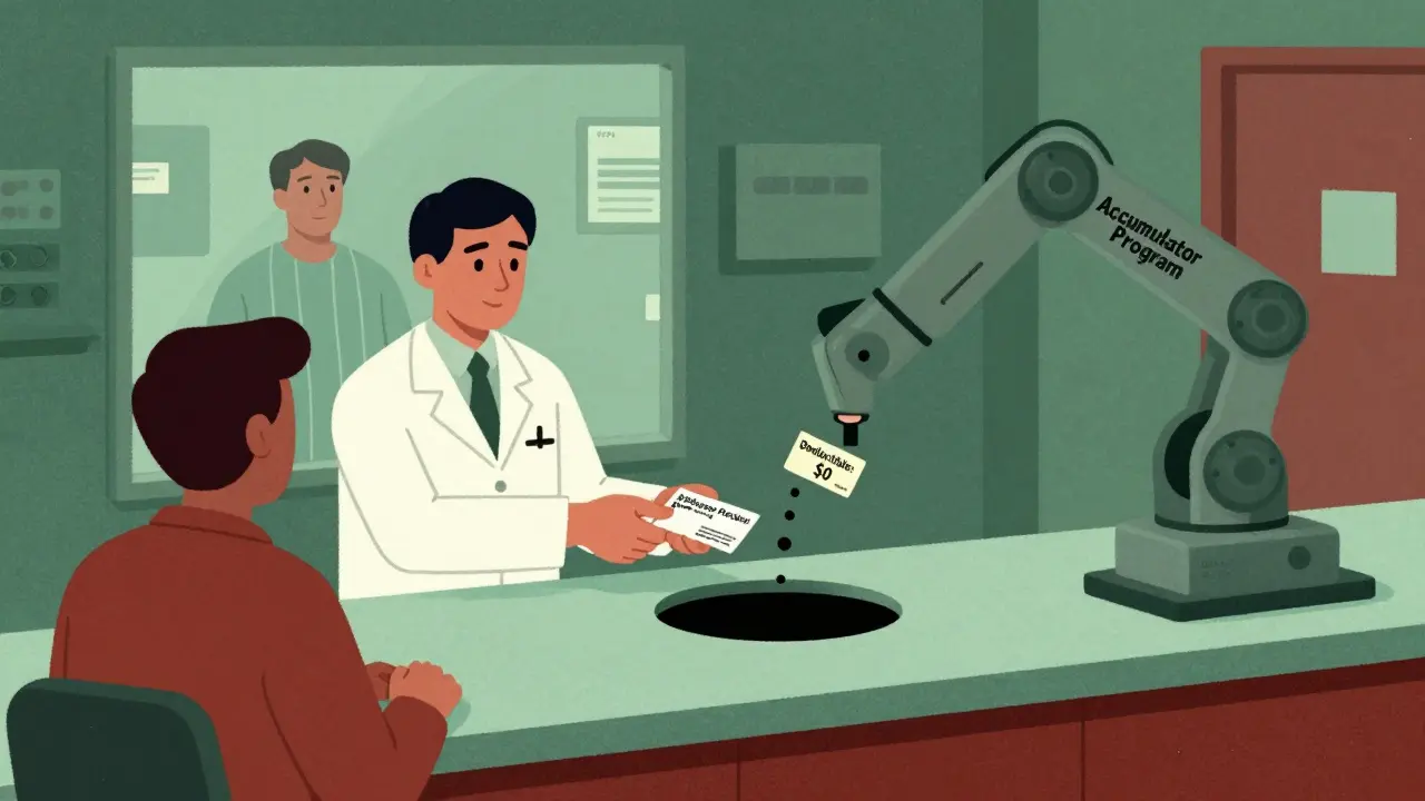 Pharmacist giving a copay card while a machine swallows its value into a deductible black hole.