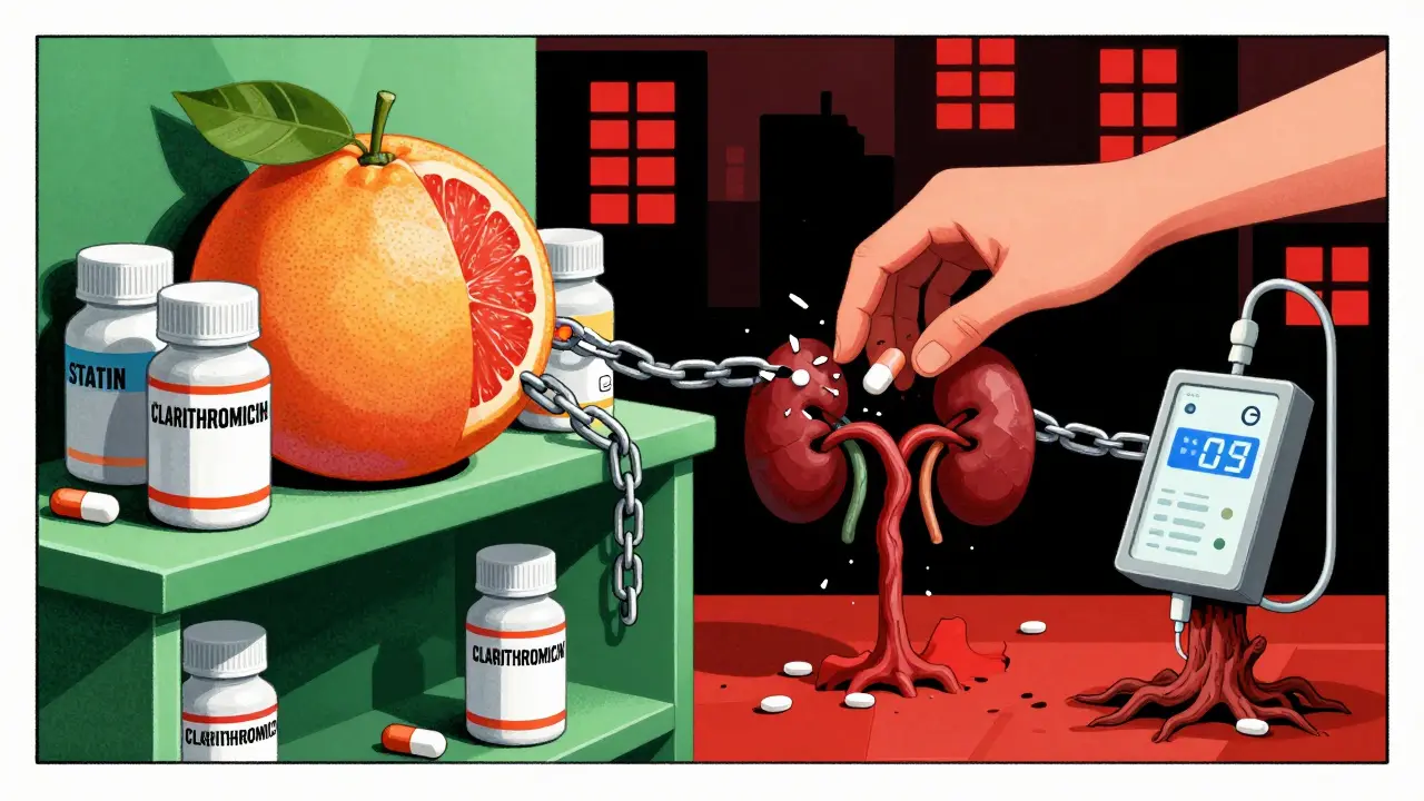Pharmacy shelf with interacting drugs triggering muscle and kidney destruction in surreal chain reaction.