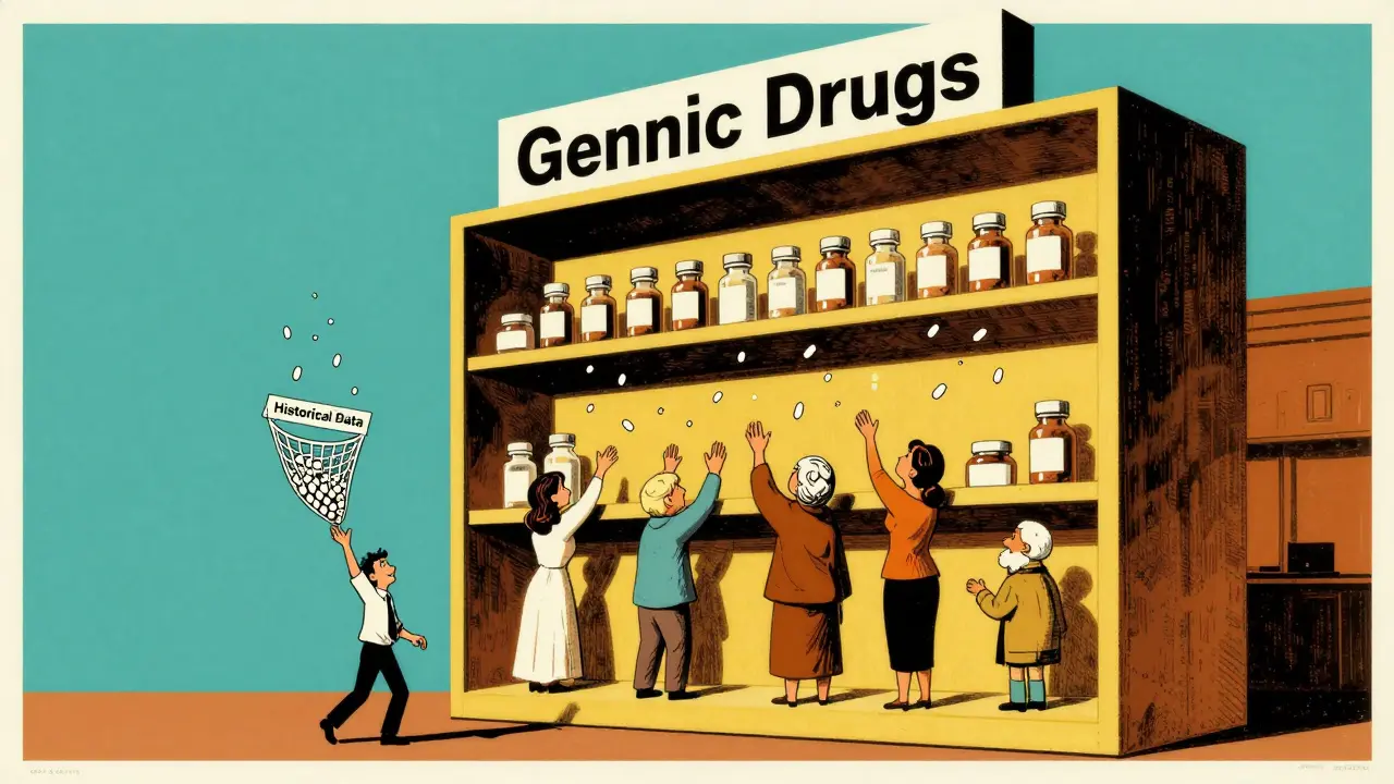 Pharmacy shelf with pills falling, young man catching most while women and elderly reach for others.
