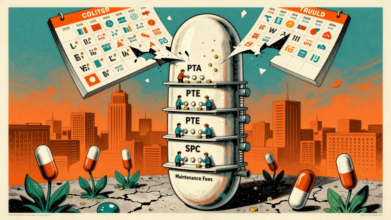 Pill-shaped skyscraper with patent extension floors and generic drugs rising below, vibrant poster style.