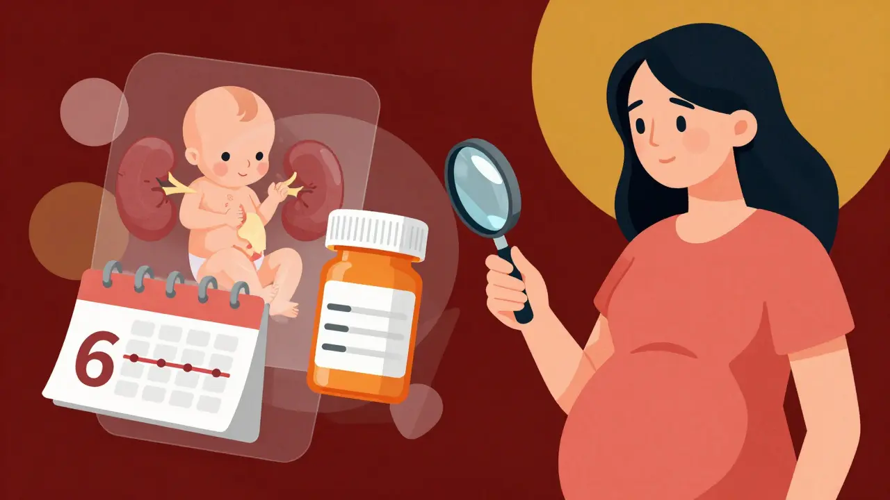 Pregnant woman using magnifying glass to reveal hidden fetal and lactation data on a drug label.