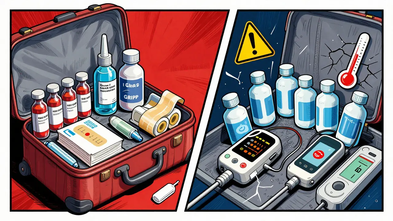 Split illustration showing properly packed diabetes supplies versus damaged insulin and sensors in luggage.