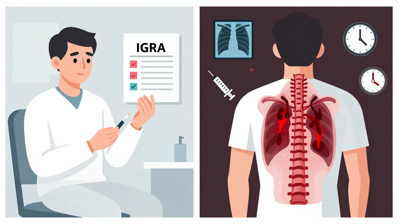 Split image: calm patient with negative TB test on one side, same patient with hidden TB lesions spreading on the other.