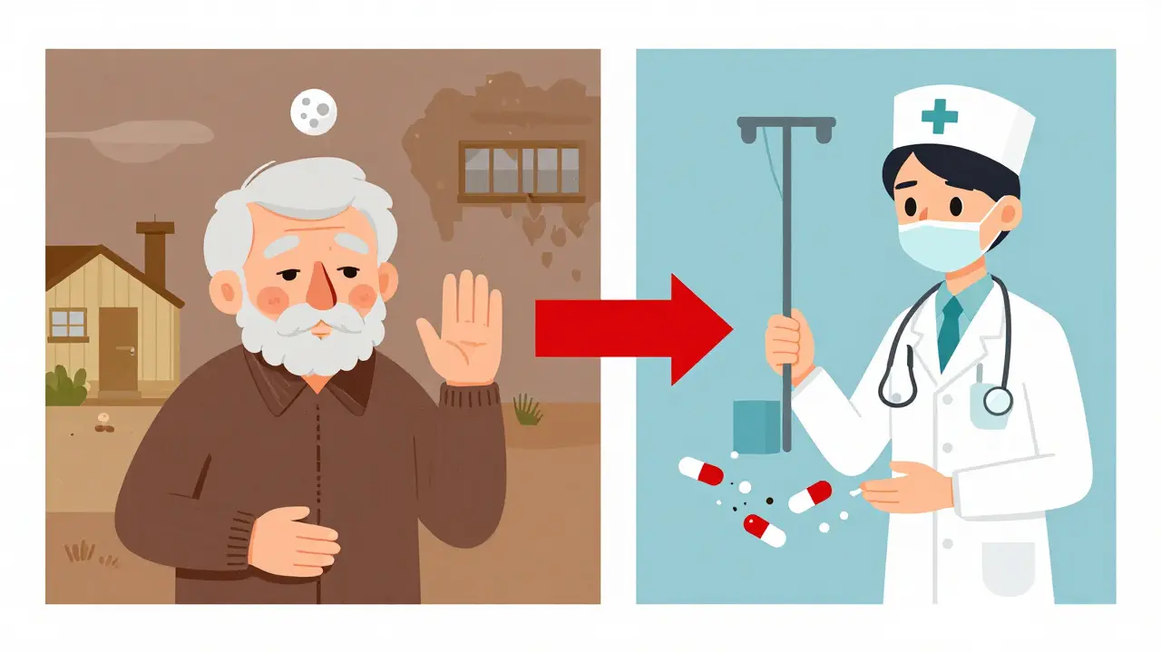 Split scene of two elderly patients with identical symptoms—one ignored, one treated—connected by broken pills and a thyroid hormone symbol.
