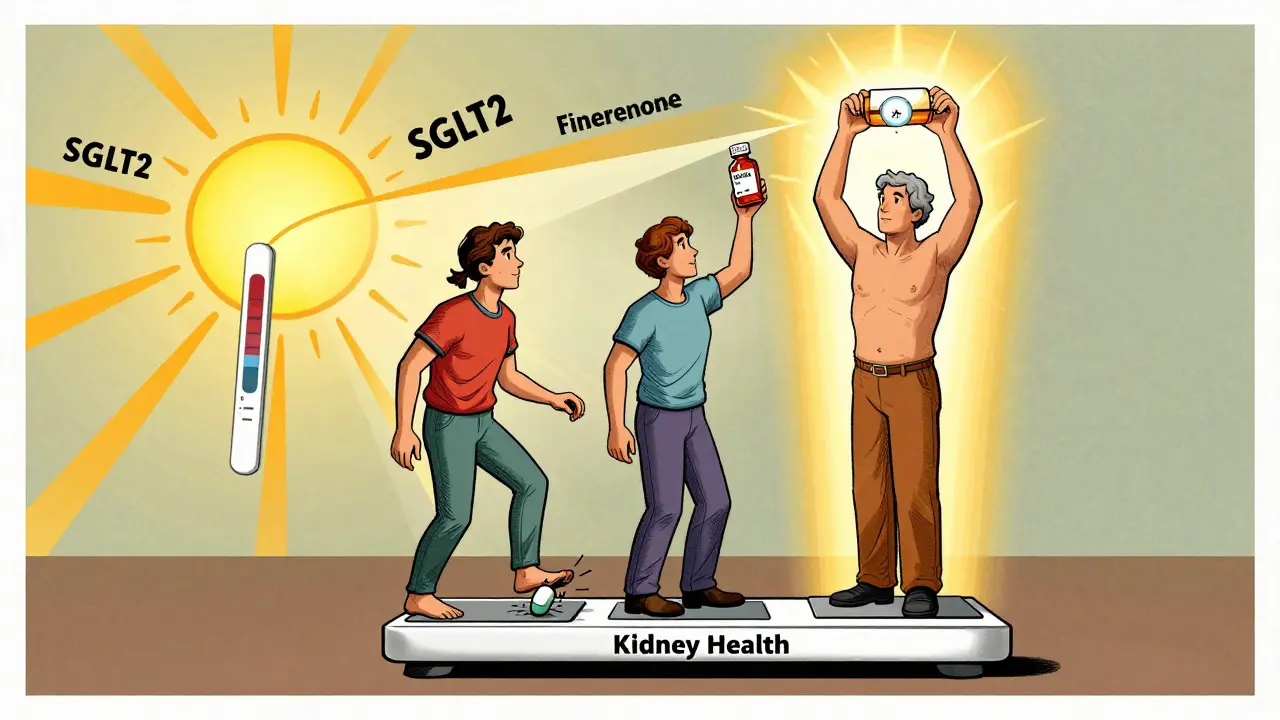 Three patients on a kidney health scale—one at risk, one protected by proper medication.