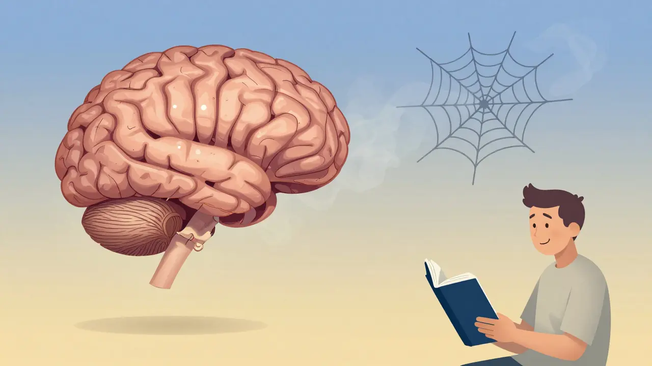 A brain gradually ignoring floaters as they fade away, with a calm patient reading under soft morning light.