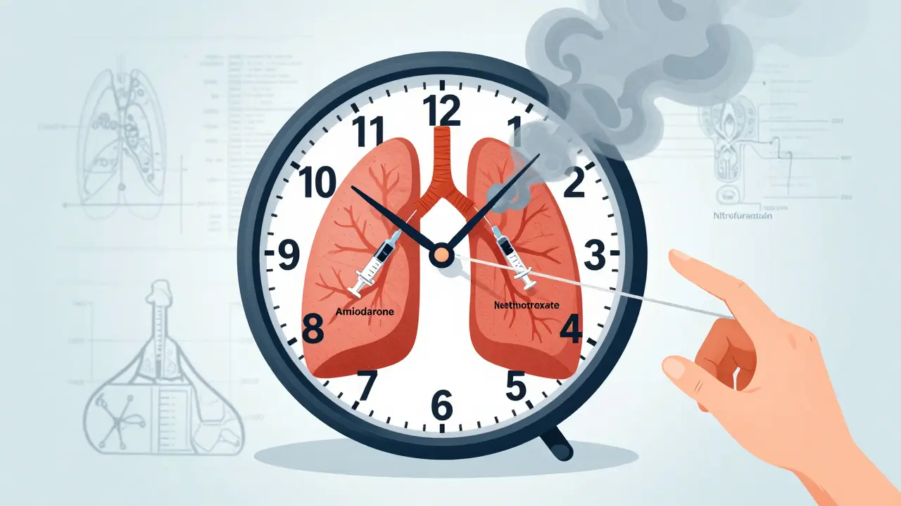 A clock with lungs as numbers, syringes injecting smoke, symbolizing time and drug damage.