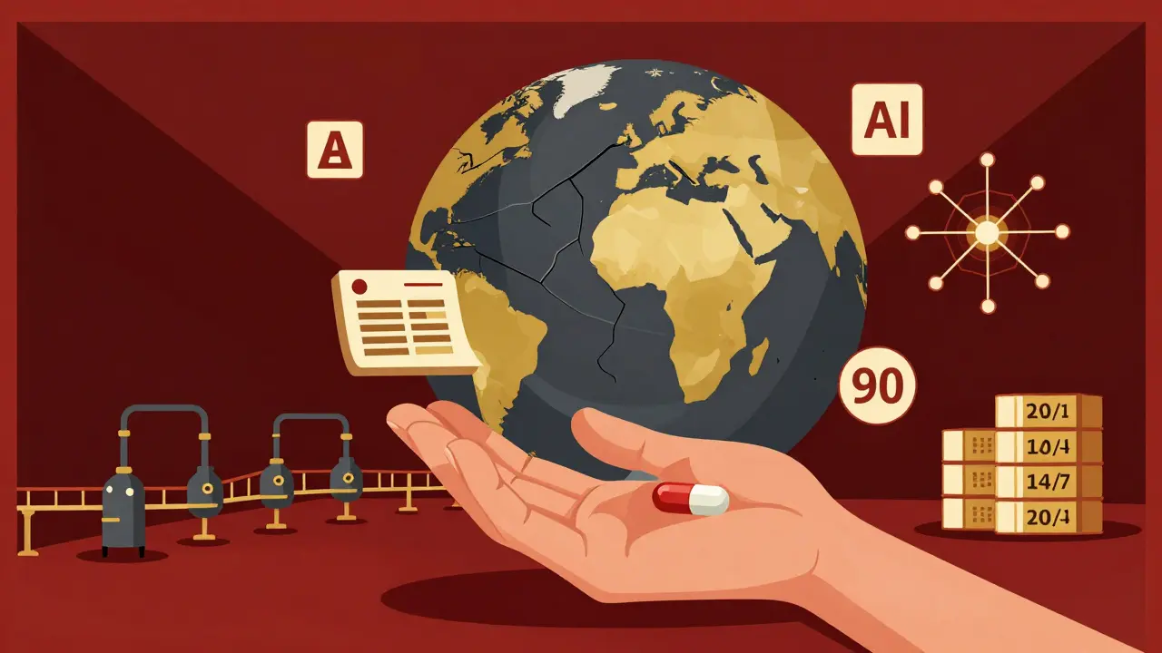 A hand holding a pill surrounded by resilience symbols—blockchain, AI, and modular manufacturing—in Polish poster aesthetic.