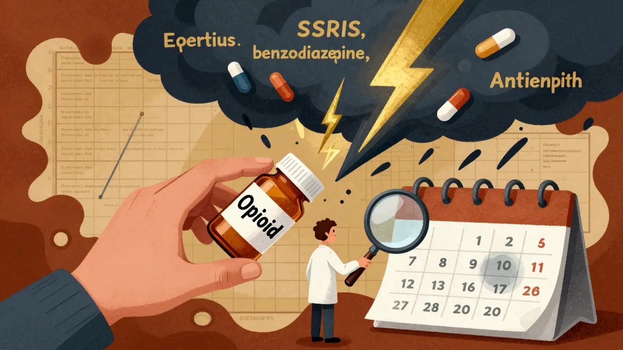 A hand reaching for an opioid pill as a storm of drug interactions looms, with a clinician observing tolerance over days.