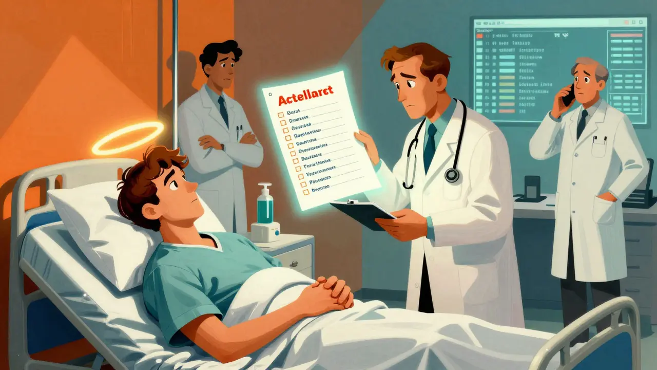 A patient teaches back their meds to a doctor as a glowing checklist hovers above, while confused providers argue in the background.