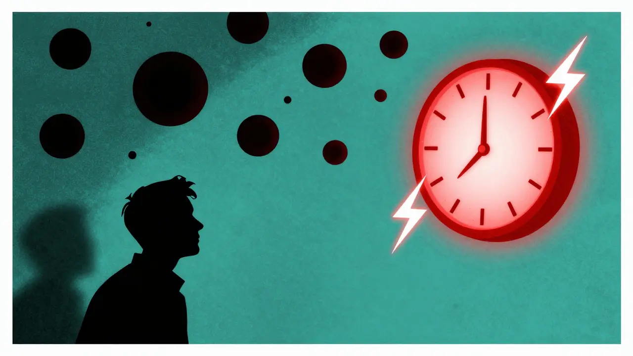 A person seeing sudden bursts of floaters and flashes of light, with a warning clock and lightning symbols in the background.