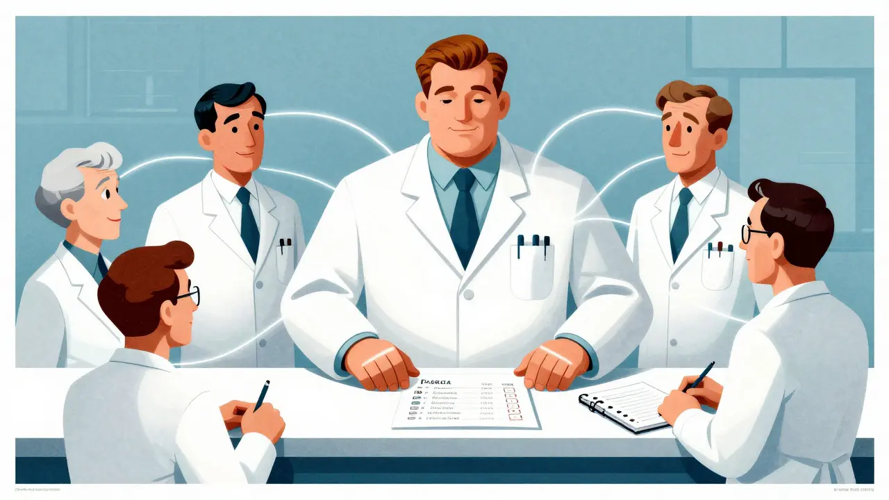 A pharmacist connects scattered doctors with glowing threads while reviewing a clear medication list at the counter.