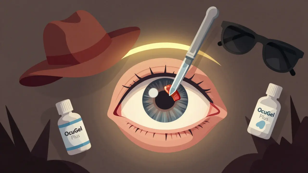 A surgical scene with a scalpel and autograft patch over an eye, surrounded by symbolic protective gear.