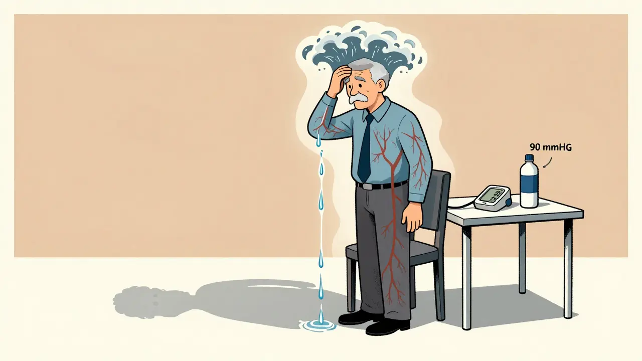An elderly man experiencing dizziness as his body loses fluid, shown with transparent veins and a shadowed, lighter form.