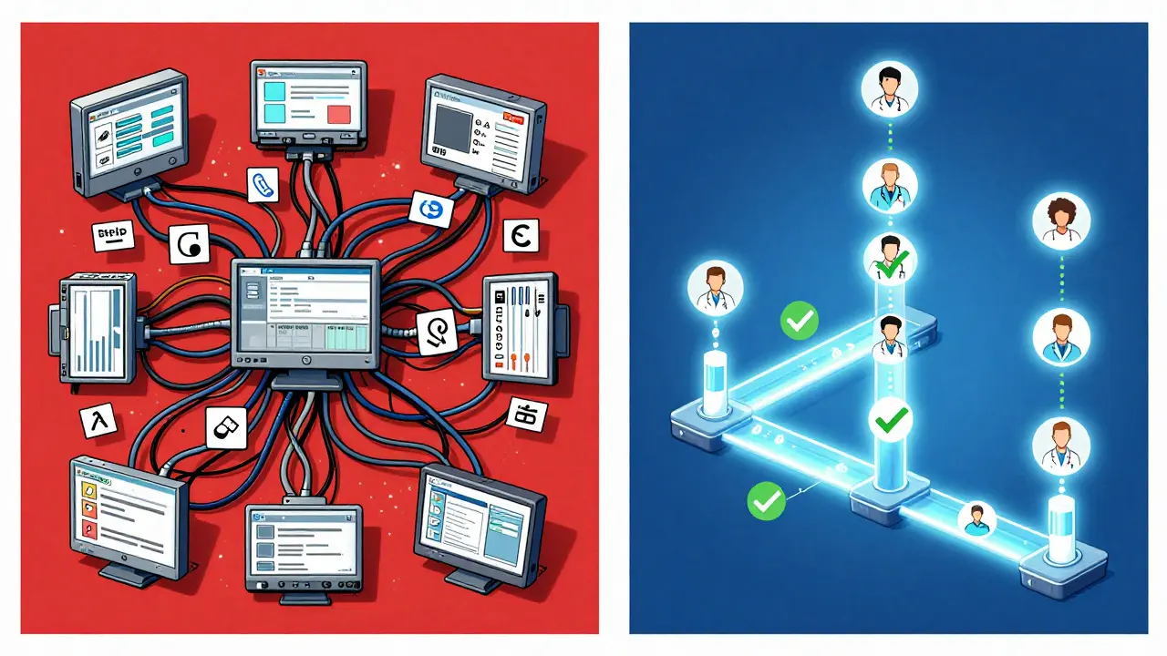 Contrasting chaotic disconnected health systems versus a smooth FHIR-connected pipeline between doctor, hospital, and pharmacy.