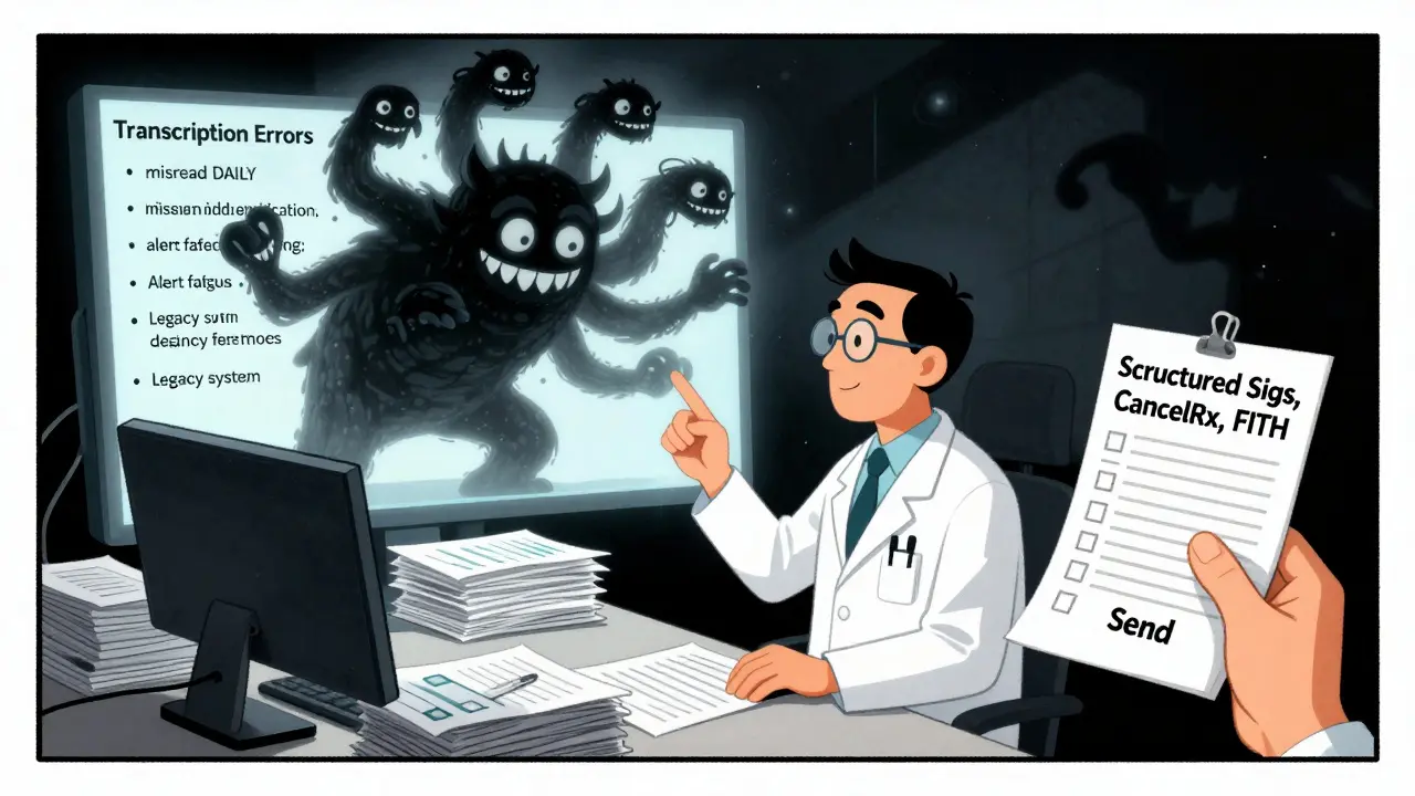 Doctor sending prescription as a multi-headed error monster rises from the screen, while a checklist for fixes glows in the foreground.