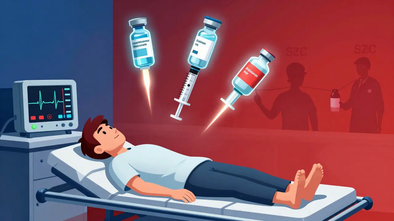 Emergency room scene with ECG spike and three medical treatments shooting toward a patient's heart in bold graphic style.