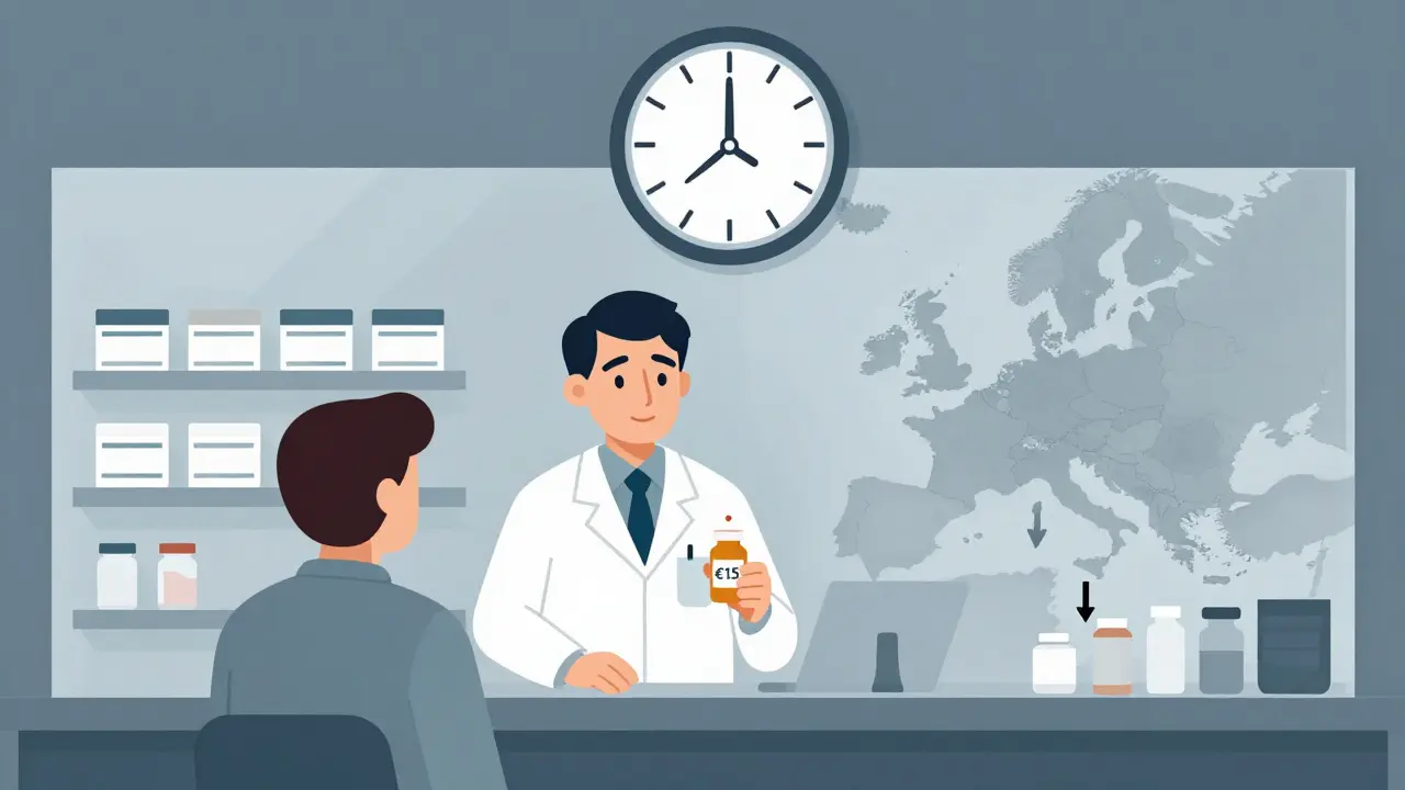 European patient gets €15 generic pill under a government seal, sparse shelves, muted tones.