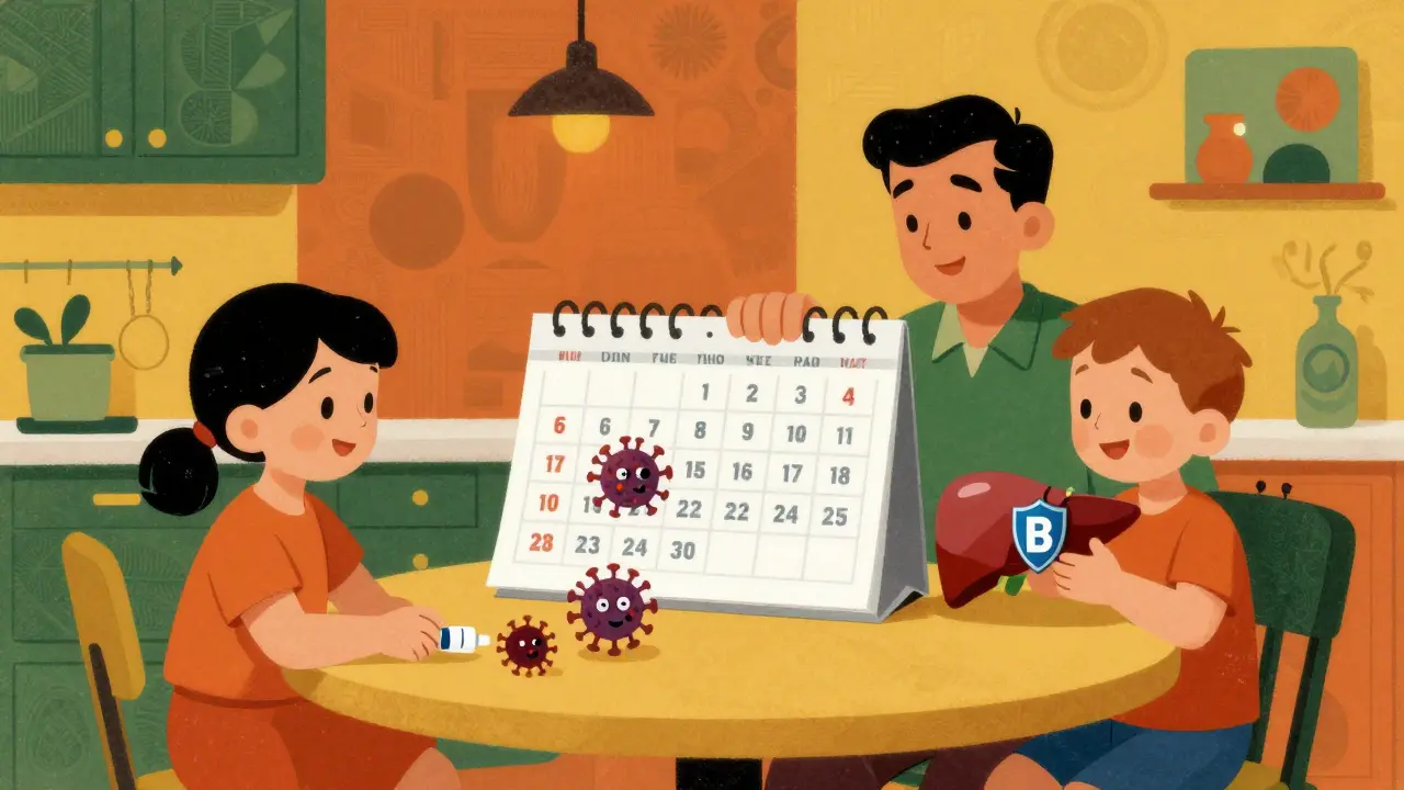 Family using a calendar to track hepatitis B vaccine doses, viruses shrinking with each shot.