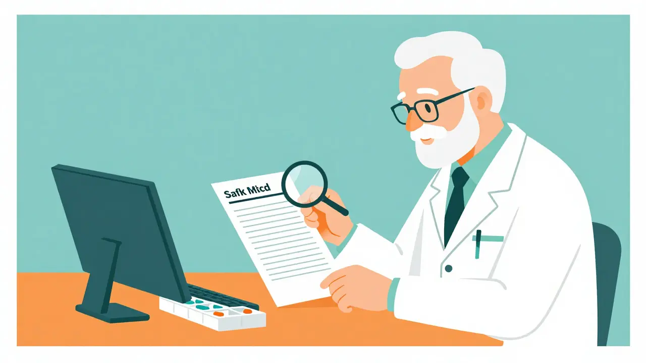 Pharmacist and senior using pill organizer and magnifying glass