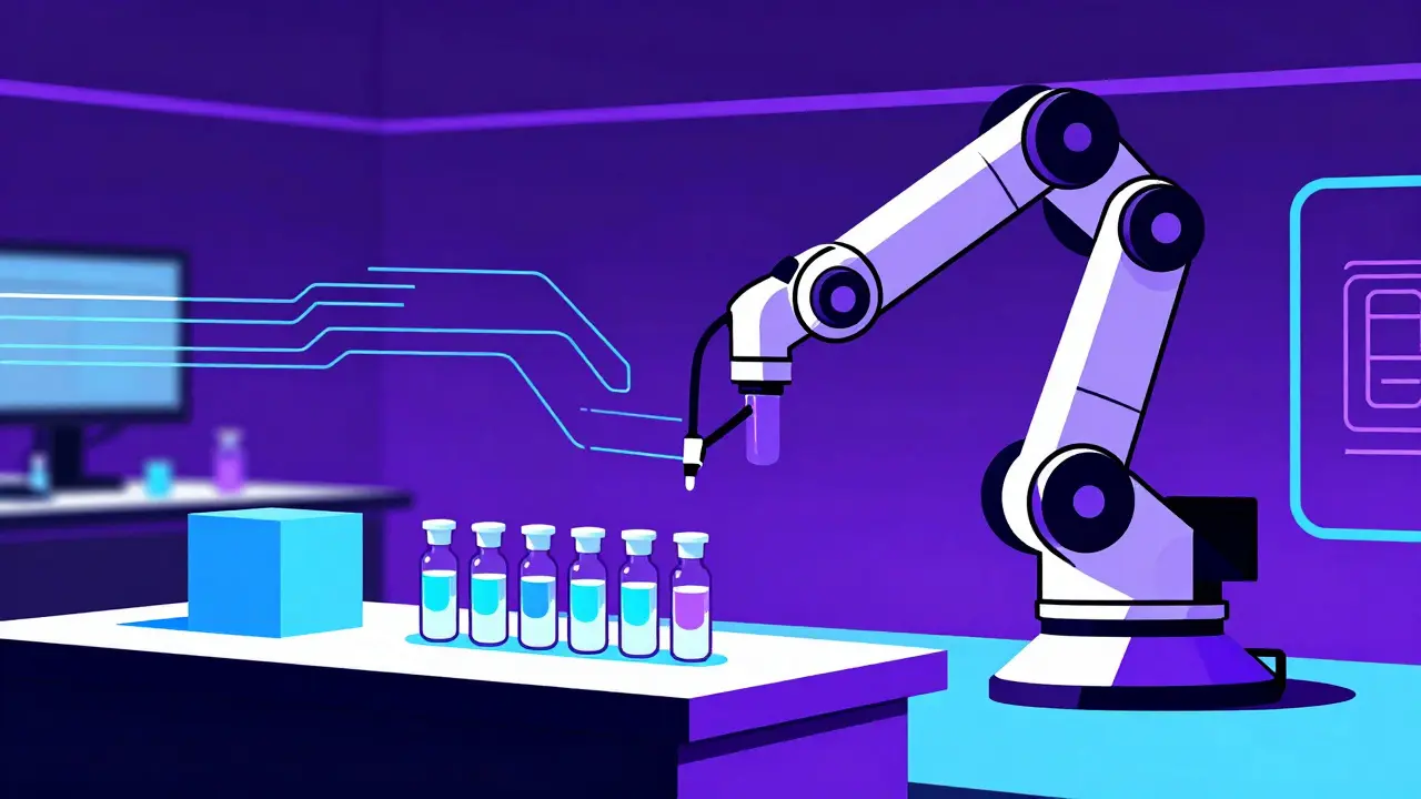 Robot inspecting vials with abstract data streams in futuristic cleanroom