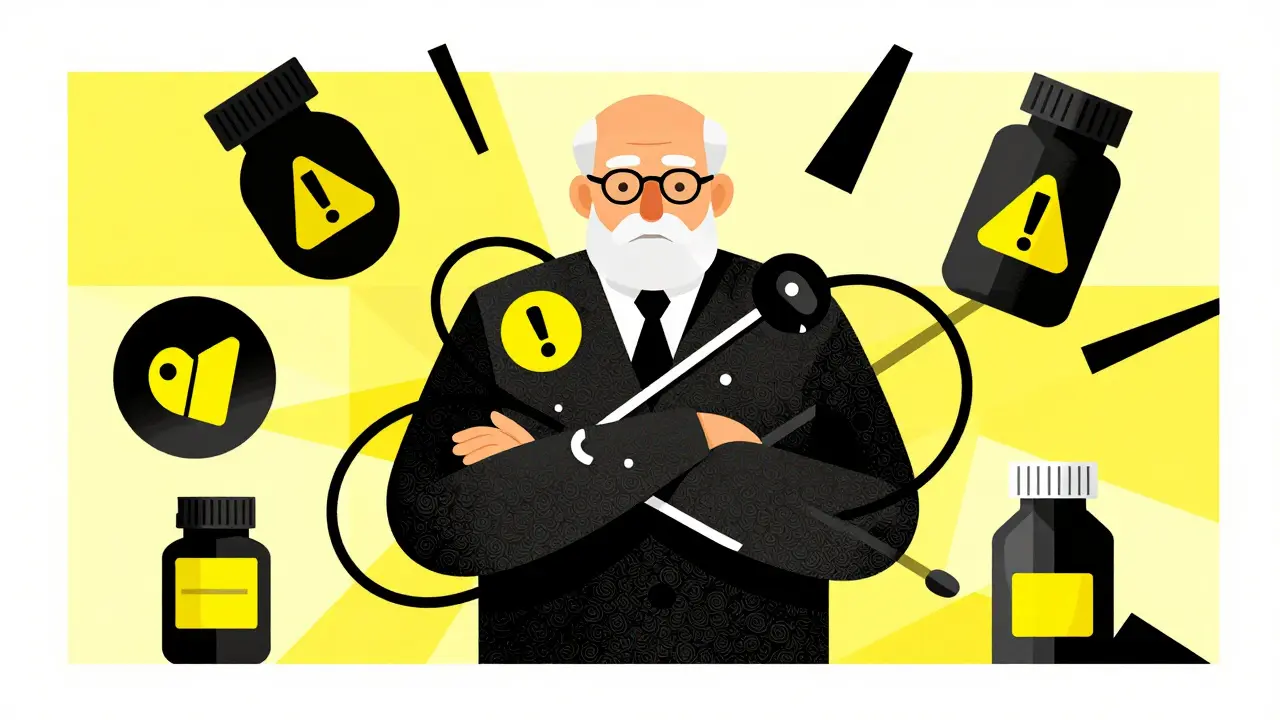 Senior surrounded by tangled pills with warning symbols