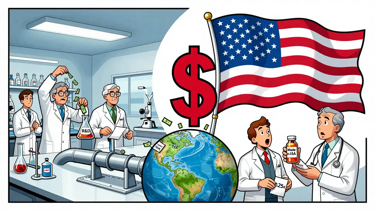 Split scene: U.S. R&amp;D funding global drug supply while Europe receives low-cost copies.