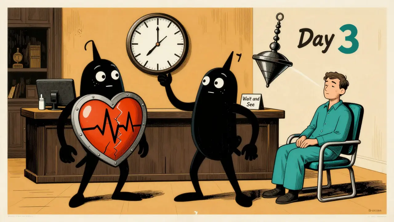Three antiemetic drugs as figures in a courtroom, with a patient waiting calmly as time passes, in stylized Polish poster art.