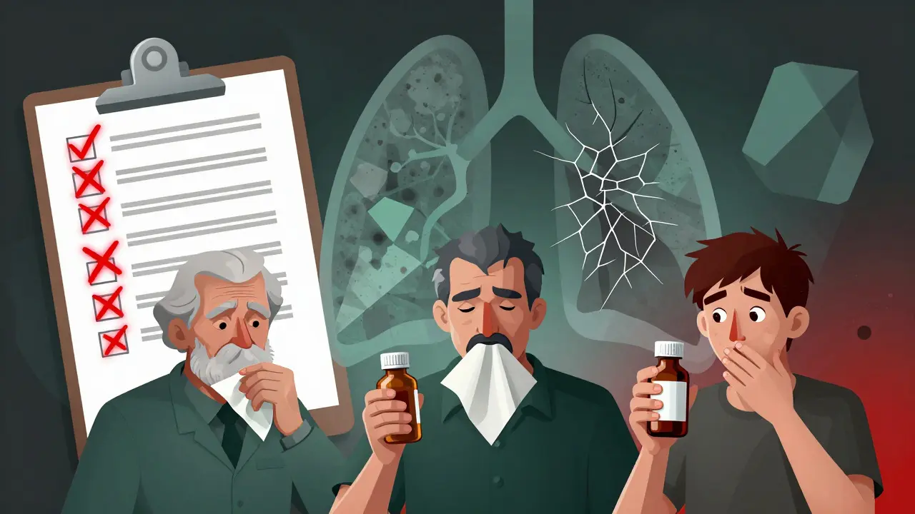 Three patients hold medication bottles as their lungs show scarring, with drugs marked by red Xs on a clipboard.