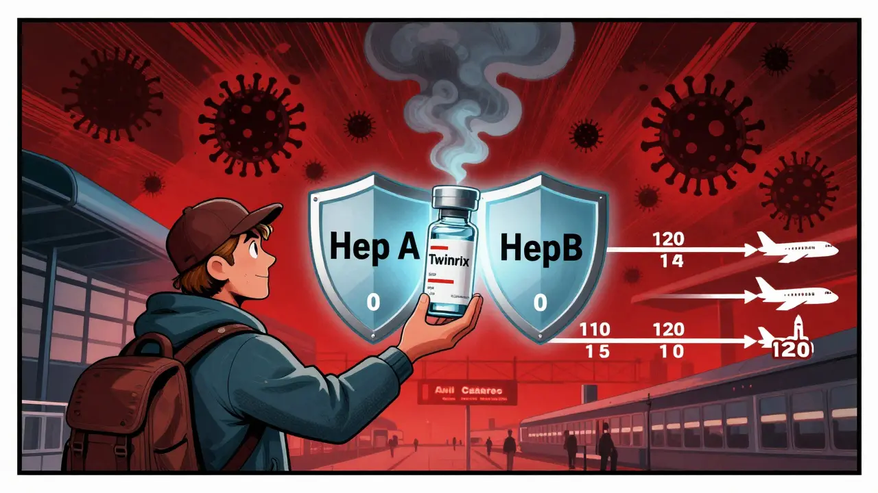 Traveler holding Twinrix vaccine that splits into Hep A and Hep B shields, timeline forming flight paths.