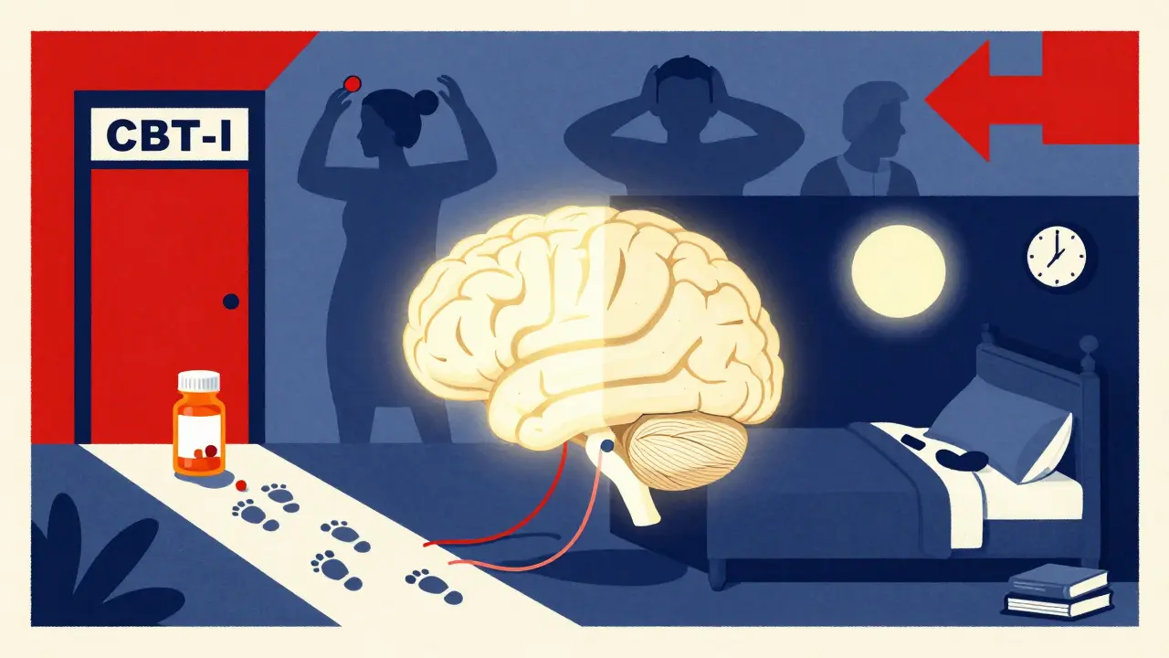 A brain split between pill dependence and natural sleep, with a path leading to CBT-I therapy.