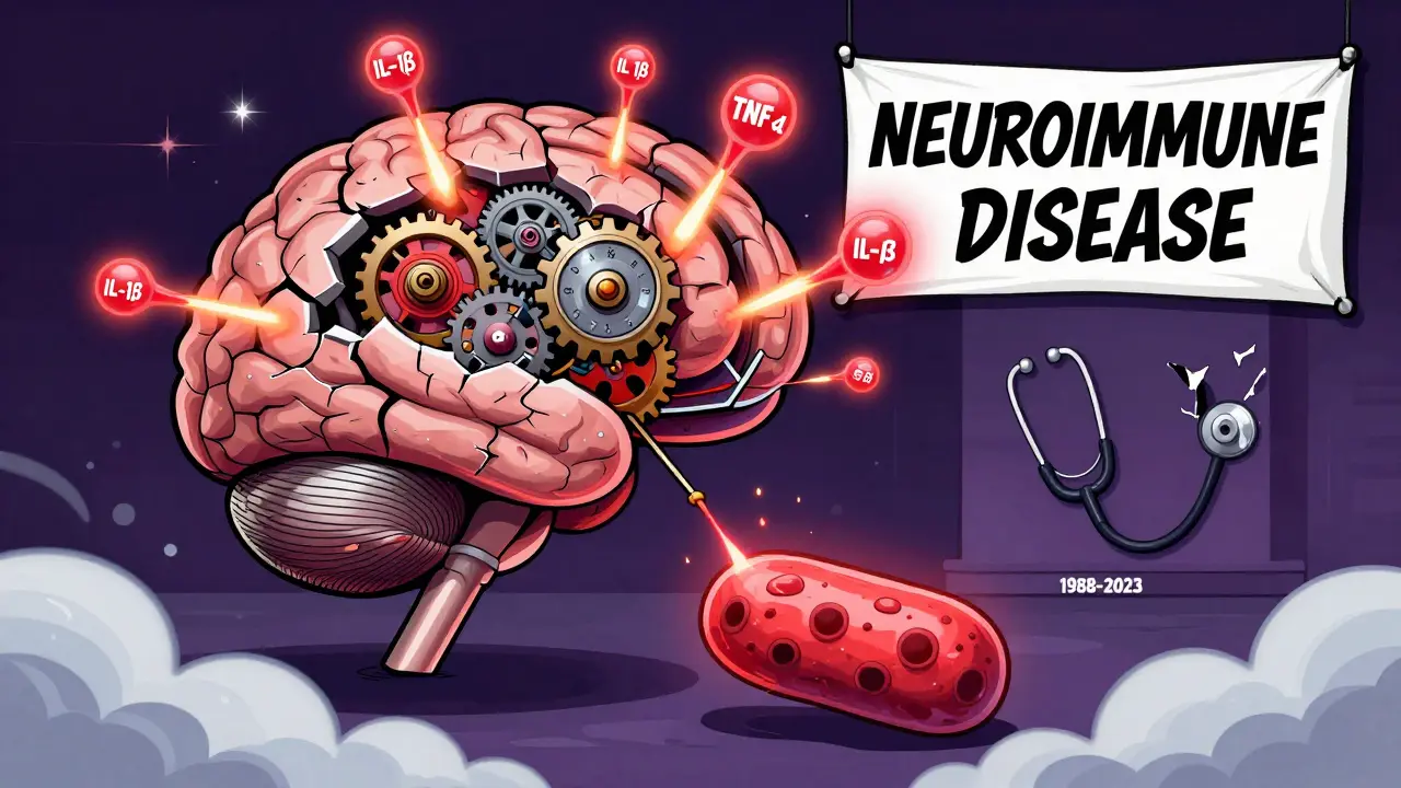 A cracked brain-clock releases inflammatory molecules, while a failing mitochondrion and broken stethoscope symbolize ME/CFS biology and delayed recognition.