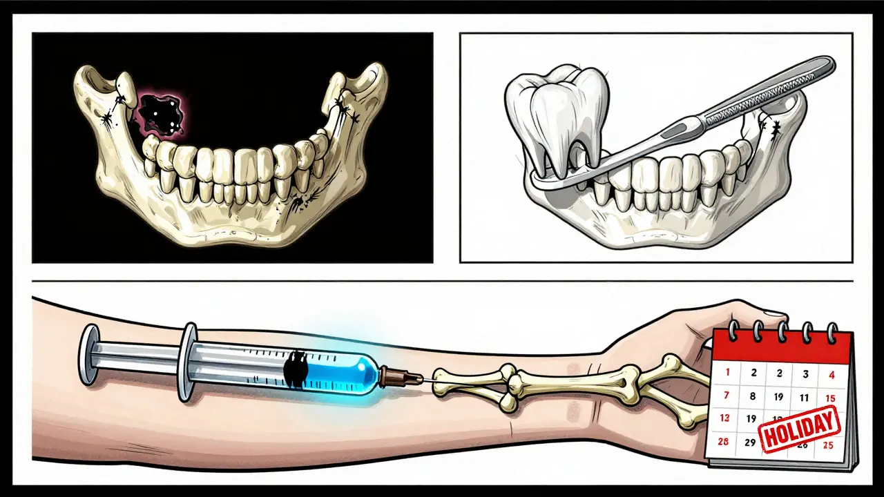 A medical injection transforms into strengthening bones, with one panel showing jawbone damage and another healing.