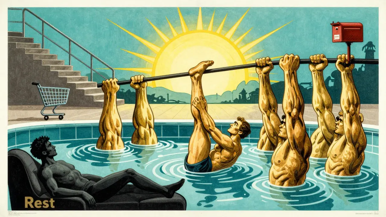 A person doing leg lifts in water, surrounded by muscular pillars, while a shadowy figure rests nearby, symbolizing movement vs. inactivity.