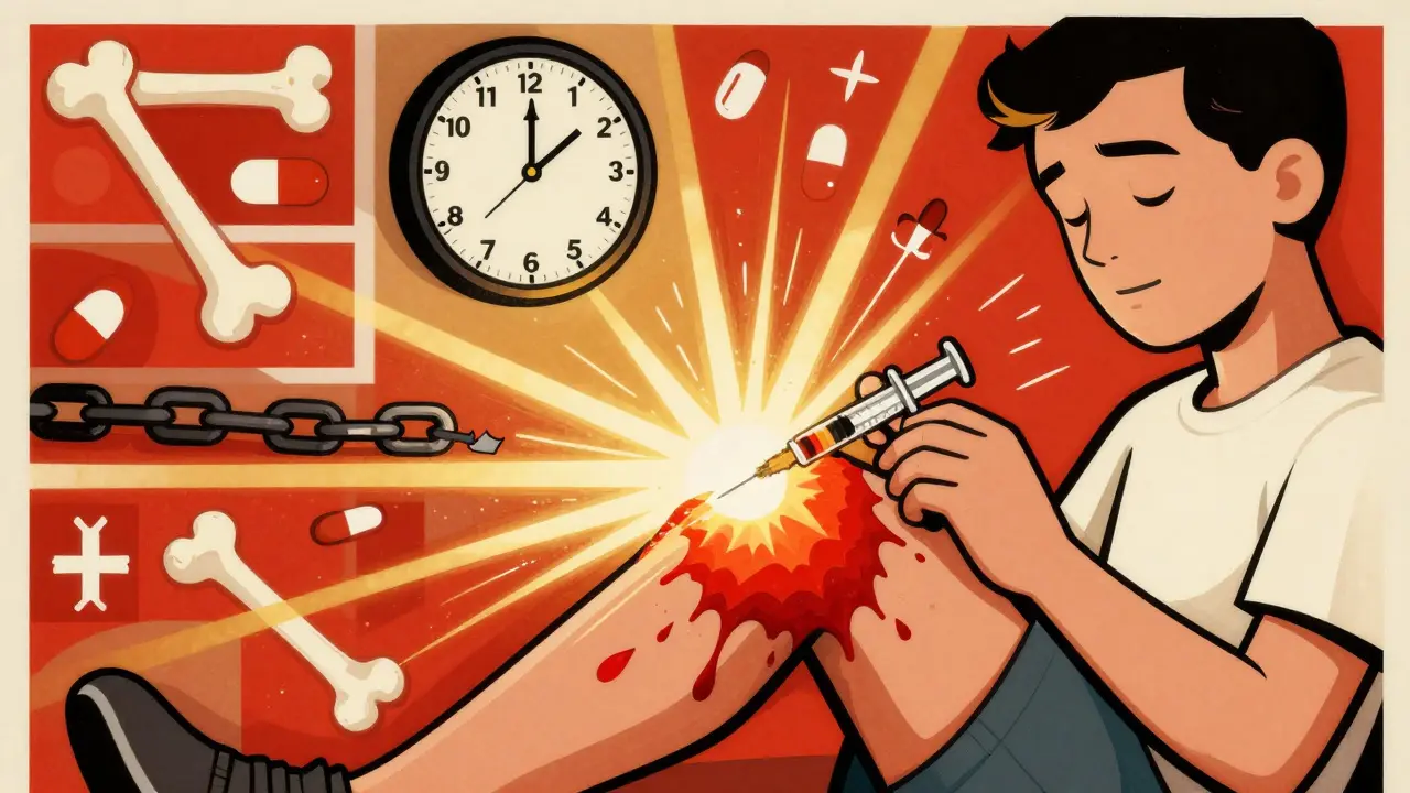 A person receiving a knee injection as golden light dissolves inflammation clouds, with a floating 12-week clock above.