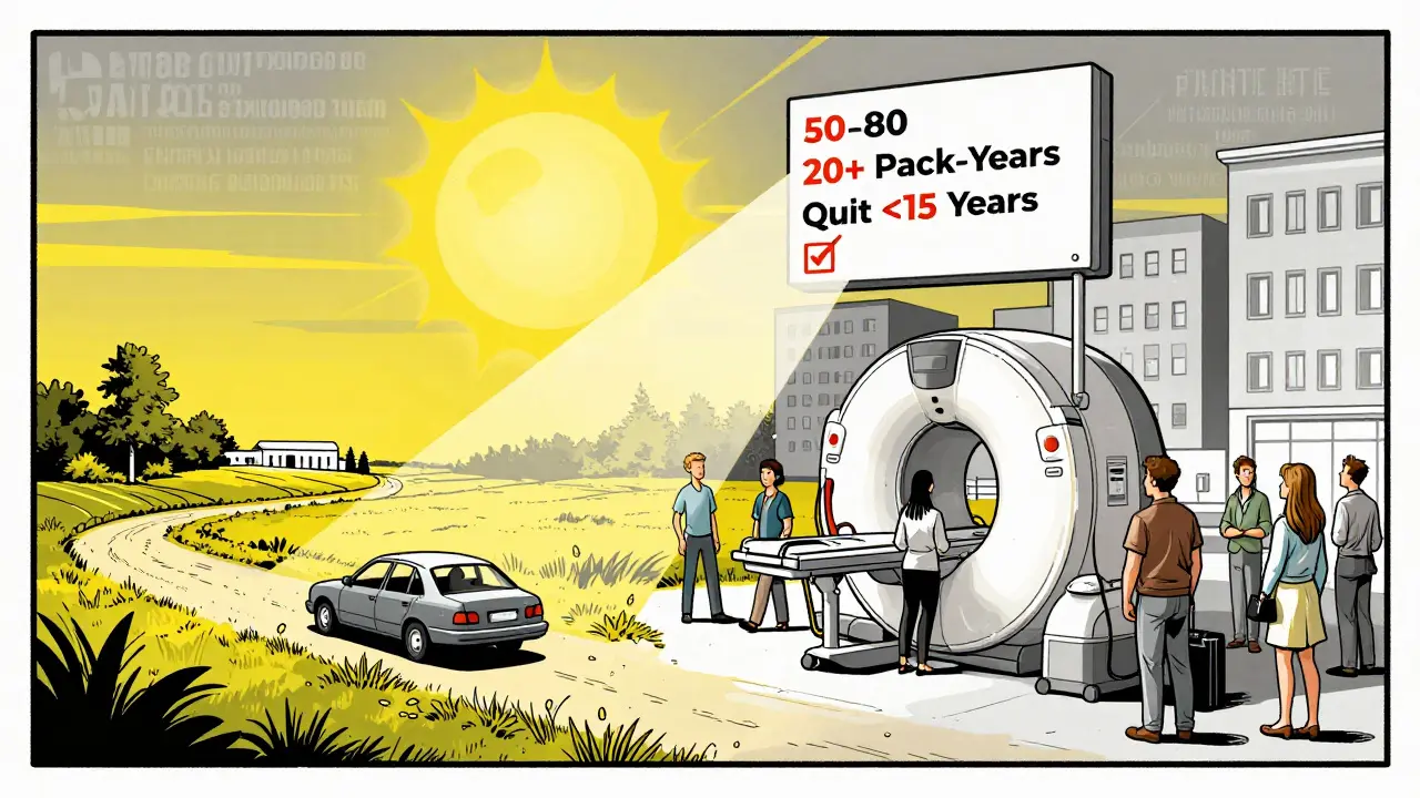 A rural driver travels far to reach a screening center while urban patients enter a clinic, under a glowing CT machine symbol.