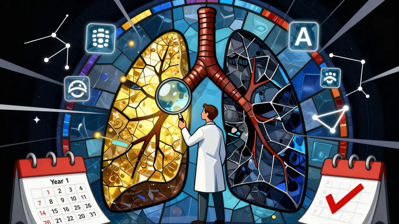 A stained-glass lung glows with early cancer, monitored by a doctor and AI icons, with a calendar marking annual screenings.