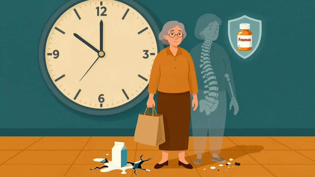 An elderly woman standing calmly as ghostly fractures appear around her spine and wrist after a minor fall.