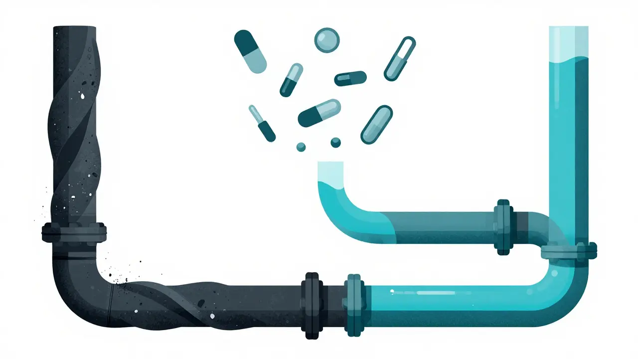 Comparison graphic of blocked versus smooth flowing medical tubes.