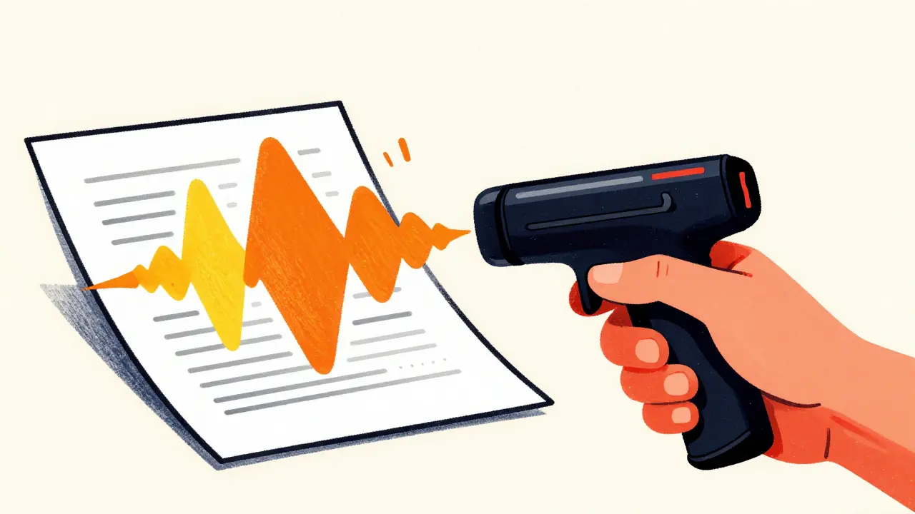 Hand holding device over paper with abstract sound waves