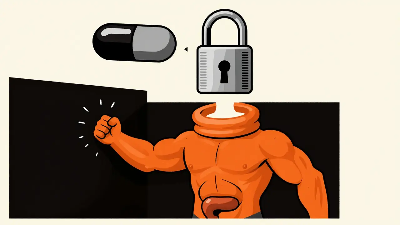 Pictorial show of pill turning to lock stopping muscle contraction.